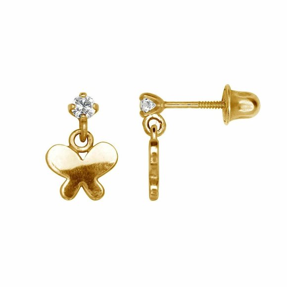 curly-butterfly-clear-cz-14krg  14K Solid Gold Butterfly Screw back Birthstones Girls Earrings Kids Jewelry